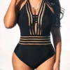 Black Mesh Stitching Tie Back One Piece Swimwear