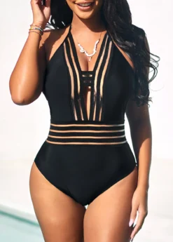 Black Mesh Stitching Tie Back One Piece Swimwear
