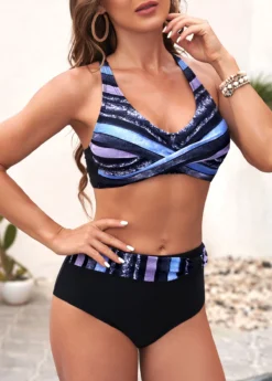 Stripe Print Black Criss Cross Back Bikini Set 8 Stripe Print Black Criss Cross Back Bikini Set -Elegance Swimwear Store 292977 P 16409241708183
