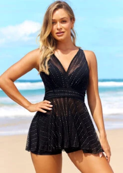 Black Mesh Glitter Fabric Stitching Swimdress Set