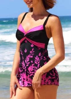 Leaf Print Twist Front Hot Pink Swimdress And Panty -Elegance Swimwear Store 293904 P 16424215726922