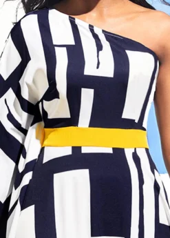 Geometric Print One Shoulder Navy Blue Maxi Dress -Elegance Swimwear Store 294590 P 16479435701205