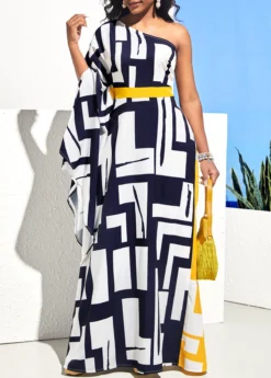 Geometric Print One Shoulder Navy Blue Maxi Dress -Elegance Swimwear Store 294590 P 16479435704564