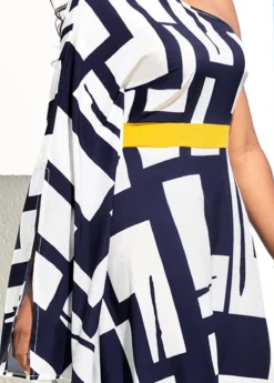 Geometric Print One Shoulder Navy Blue Maxi Dress -Elegance Swimwear Store 294590 P 16479435704736