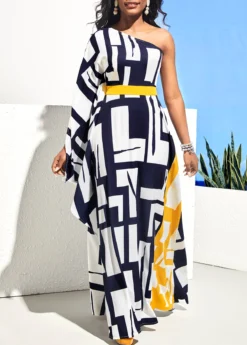 Geometric Print One Shoulder Navy Blue Maxi Dress