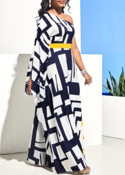 Geometric Print One Shoulder Navy Blue Maxi Dress -Elegance Swimwear Store 294590 P 16479435709092