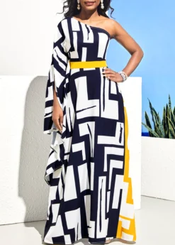 Geometric Print One Shoulder Navy Blue Maxi Dress -Elegance Swimwear Store 294590 P 16479435709603