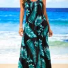 Spaghetti Strap Tropical Print Green Dress