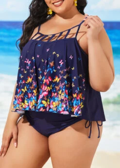 Plus Size Navy Blue Spaghetti Strap Tankini Set -Elegance Swimwear Store 296202 P 16450100230802