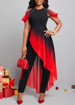 Plus Size Red Ombre Short Sleeve Jumpsuit -Elegance Swimwear Store 297028 P 16657450863124