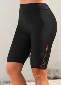 Black High Waisted Cross Strap Swim Shorts