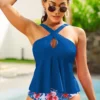 Cross Front Floral Print Blue Tankini Set