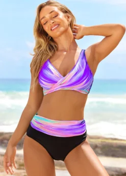 Front Cross High Waisted Ombre Purple Bikini Set -Elegance Swimwear Store 298624 P 1645759919754