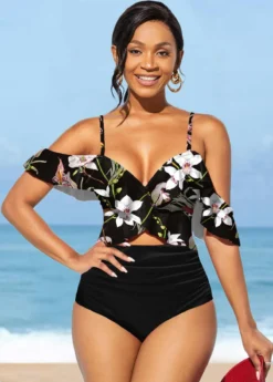 Floral Print Flounce High Waisted Black Bikini Set