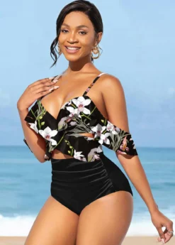 Floral Print Flounce High Waisted Black Bikini Set -Elegance Swimwear Store 299547 P 1646632009789