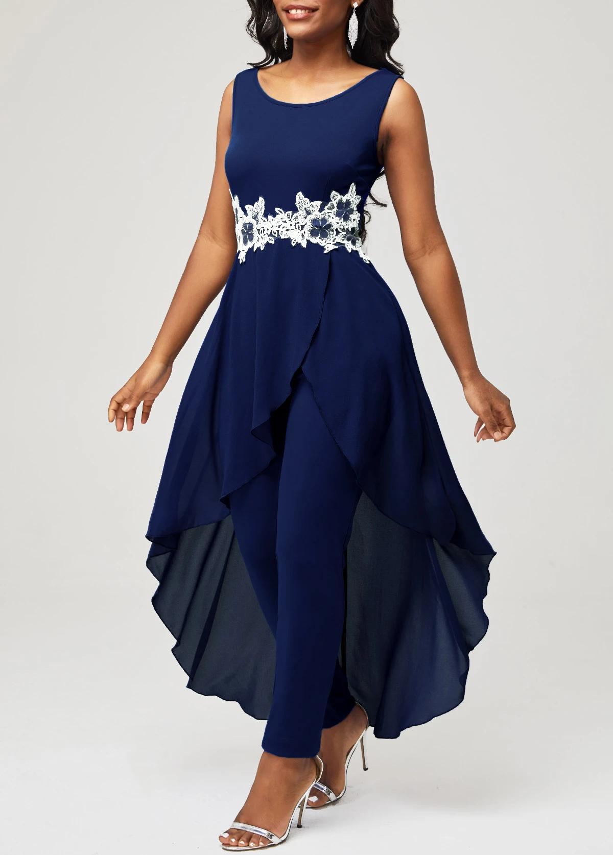 Navy Blue Lace Stitching Faux Two Piece Jumpsuit 1 Navy Blue Lace Stitching Faux Two Piece Jumpsuit