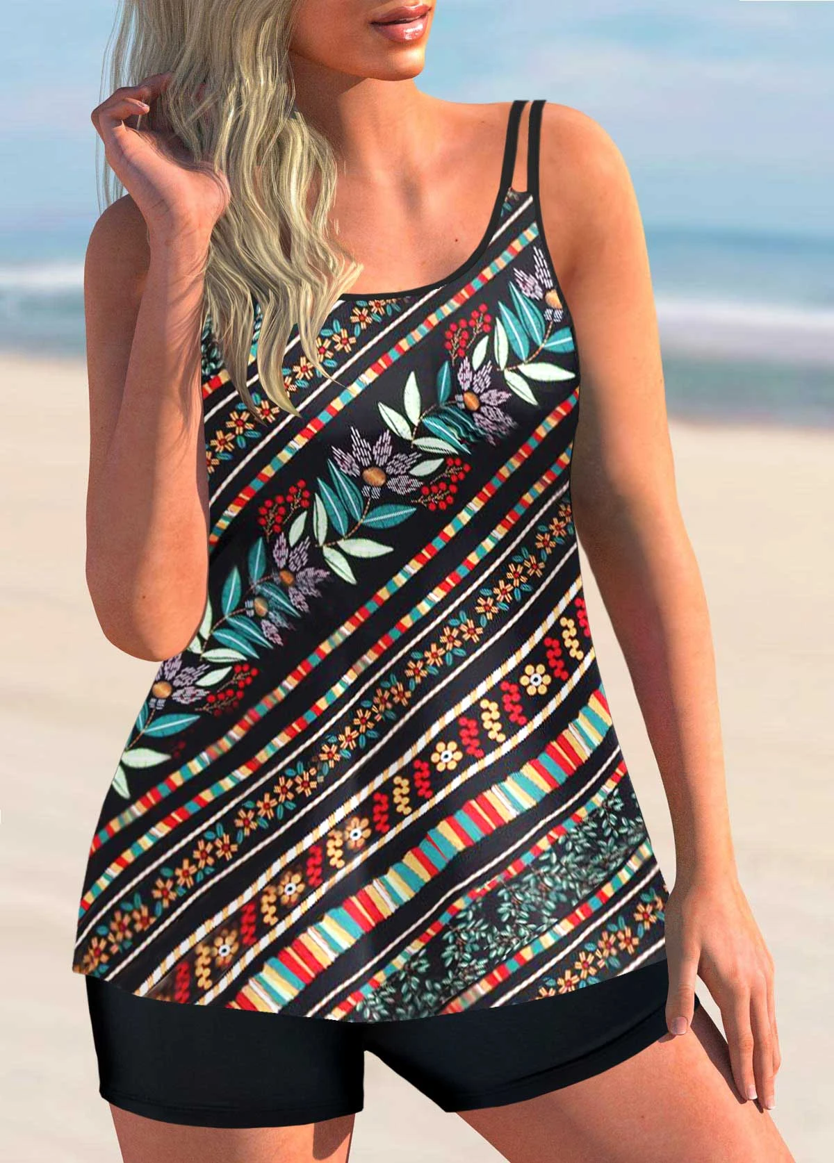 Floral Print Double Straps Multi Color Tankini Set 3 Floral Print Double Straps Multi Color Tankini Set - Image 3