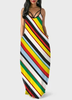 Rainbow Stripe Spaghetti Strap Double Side Pocket Dress