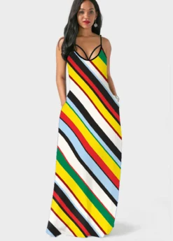 Rainbow Stripe Spaghetti Strap Double Side Pocket Dress -Elegance Swimwear Store 300316 P 1654478176330