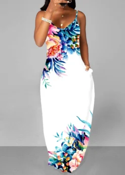 Floral Print Spaghetti Strap White Dress