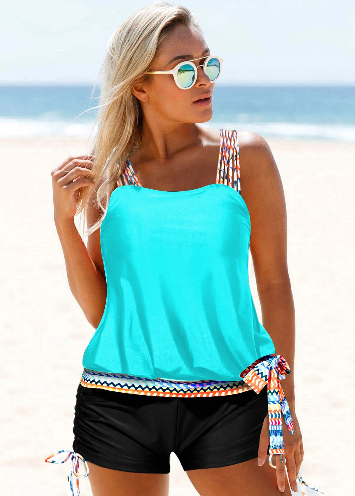 Tribal Print Cyan Tie Side Tankini Set 1 Tribal Print Cyan Tie Side Tankini Set