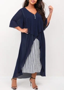 Navy Blue Plus Size V Neck Striped Dress -Elegance Swimwear Store 302906 P 16557199742274