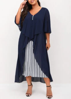 Navy Blue Plus Size V Neck Striped Dress -Elegance Swimwear Store 302906 P 16557199747723