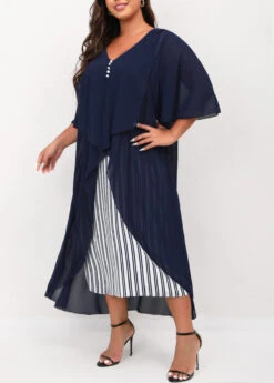 Navy Blue Plus Size V Neck Striped Dress -Elegance Swimwear Store 302906 P 16557199748772