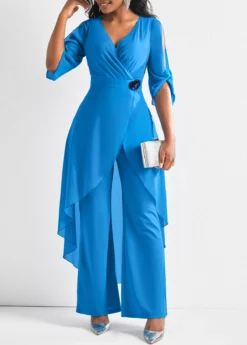 Flower Decoration Chiffon Light Blue Jumpsuit -Elegance Swimwear Store 302988 P 16606438214383