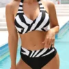 Striped Mid Waist Halter Bikini Set