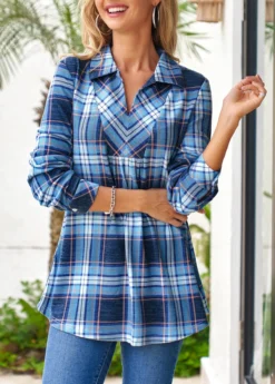 Blue Plus Size Tartan Print Long Sleeve Blouse 15 Blue Plus Size Tartan Print Long Sleeve Blouse -Elegance Swimwear Store 306046 P 16593499570563