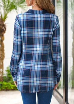 Blue Plus Size Tartan Print Long Sleeve Blouse 16 Blue Plus Size Tartan Print Long Sleeve Blouse -Elegance Swimwear Store 306046 P 16593499570811