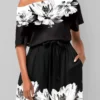 Floral Print Black Double Side Pockets Romper