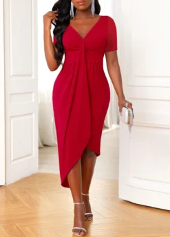 Wine Red Asymmetric Hem Short Sleeve Dress