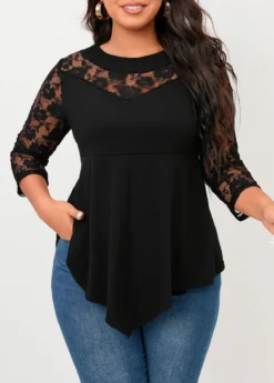 Plus Size Black Lace Stitching Asymmetric Hem T Shirt 7 Plus Size Black Lace Stitching Asymmetric Hem T Shirt -Elegance Swimwear Store 308054 P 16577792441673