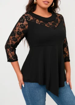 Plus Size Black Lace Stitching Asymmetric Hem T Shirt 6 Plus Size Black Lace Stitching Asymmetric Hem T Shirt -Elegance Swimwear Store 308054 P 16577792444392