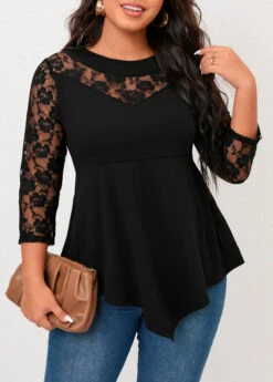 Plus Size Black Lace Stitching Asymmetric Hem T Shirt