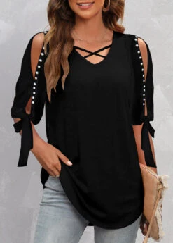 Plus Size Black Pearl Detail Cold Shoulder T Shirt -Elegance Swimwear Store 308087 P 1656402200937