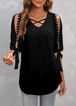 Plus Size Black Pearl Detail Cold Shoulder T Shirt -Elegance Swimwear Store 308087 P 1656402201206