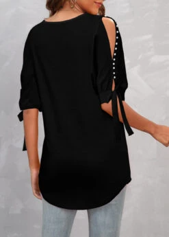Plus Size Black Pearl Detail Cold Shoulder T Shirt -Elegance Swimwear Store 308087 P 1656402201404
