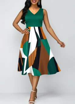 Geometric Print Green V Neck Dress