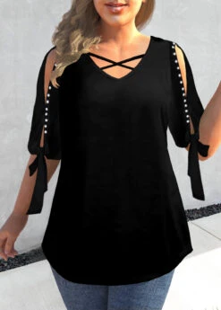 Plus Size Black Pearl Detail Cold Shoulder T Shirt