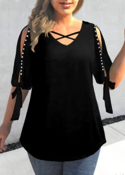 Plus Size Black Pearl Detail Cold Shoulder T Shirt -Elegance Swimwear Store 309608 P 1658129839702