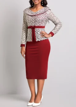 Wine Red Long Sleeve Embroidered Bodycon Dress -Elegance Swimwear Store 310995 P 16621171205614