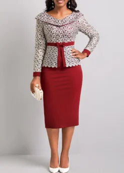 Wine Red Long Sleeve Embroidered Bodycon Dress -Elegance Swimwear Store 310995 P 16621171206073