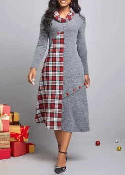 Dark Grey Button Tartan Print Dress -Elegance Swimwear Store 311134 P 16668575724084