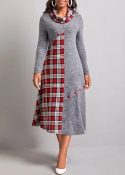 Dark Grey Button Tartan Print Dress