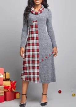 Dark Grey Button Tartan Print Dress -Elegance Swimwear Store 311134 P 16668575728538