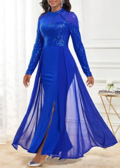 Sapphire Blue Shinning Long Sleeve Maxi Dress -Elegance Swimwear Store 311151 P 16623481762612