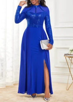 Sapphire Blue Shinning Long Sleeve Maxi Dress -Elegance Swimwear Store 311151 P 16623481765284